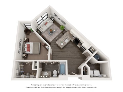 One bed one bath 617 sq ft floor plan at The Augustan in Augusta 30901